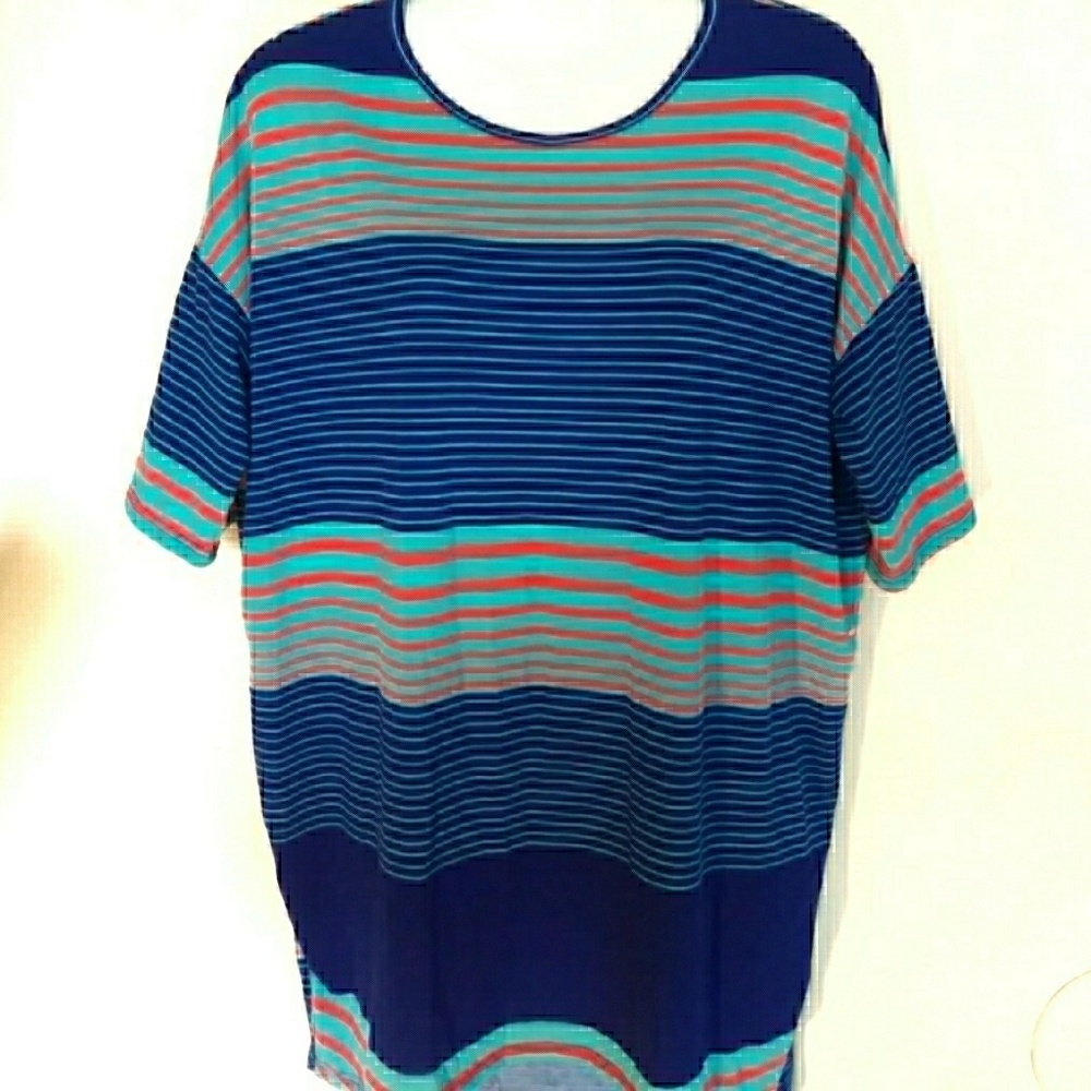 LuLaRoe blue Irma multicolored striped tunic blous